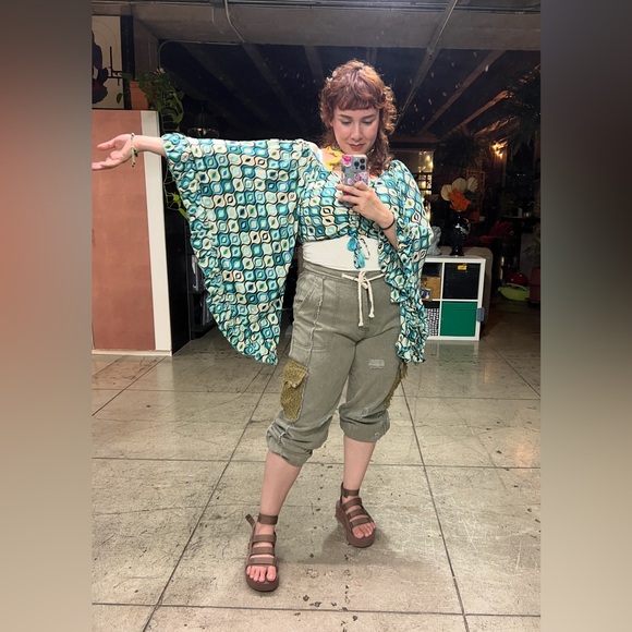 190B. Tie Waistband Cargo Denim Jogger - Green - Picture 7 of 7